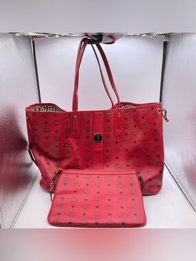 MCM Medium Reversible Liz Monogram Shoulder Bag Red Visetos Leather & Pouchette